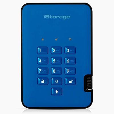iStorage diskAshur2 SSD 1To Bleu - Disque SSD portable sécurisé - Protégé par mot de passe - Résistant à la poussière et à l'eau - Cryptage matériel