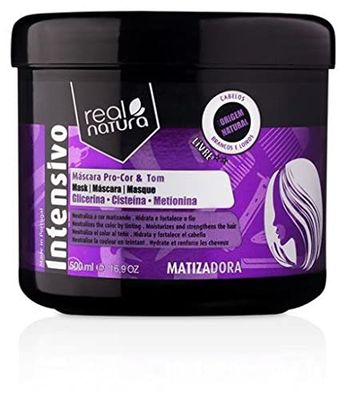 Real Natura - Masque Capillaire Sans Sel - Neutralisation des Reflets Jaunes - Hydratation Intense - Protection de la Couleur - Format Pratique - 500 ml