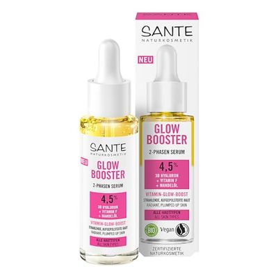 Sérum Sante Naturkosmetik Glow Booster 2 phases à l'acide hyaluronique 3D, vitamine F et huile d'amande, sérum nourrissant pour le visage pour une peau éclatante, fraîche et éclatante, éclat naturel,