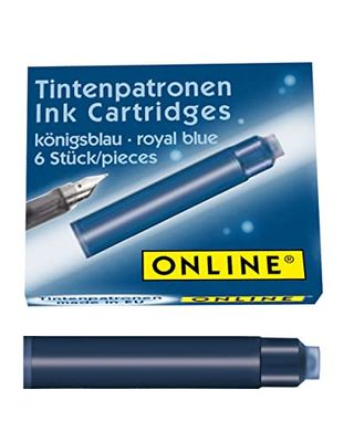 ONLINE standard ink cartridges, universal fountain pen ink, compatible with all common standard fountain pens, replacement cartridges for fountain pens and rollerballs, 6 pieces, royal blue, erasable