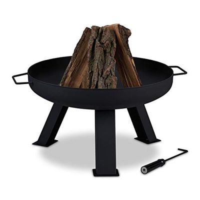 Relaxdays vuurschaal 60 cm, met pook, tuin & terras, terrashaard voor hout, vuurkorf staal, rond, zwart