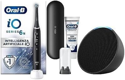 Oral-B regala Alexa Echo Pop, Spazzolino Elettrico Ricaricabile iO6 & Alexa Echo Pop, Intelligenza Artificiale, 1 Spazzolino con Custodia + 1 Dentifricio Gengive & Smalto Repair, Classico 75ml