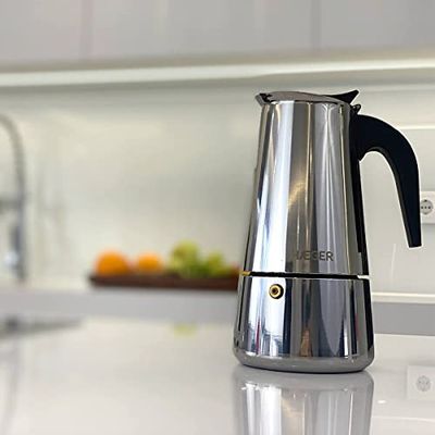 HAEGER SS Moka Pot 10 - Italiaanse koffiemachine, capaciteit 10 kopjes met behuizing van roestvrij staal, geschikt voor alle soorten warmtebronnen, veiligheidsventiel, warmte-isolatie in zwart