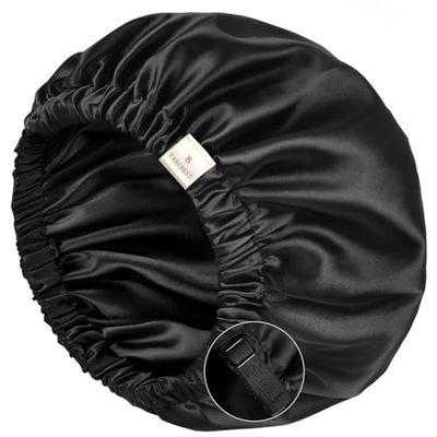 YANIBEST Large Sleep Bonnet Cap Womens Satin Bonnet for Sleeping, Black/Black, Extra Large, Double Layer, Super Smooth, for Natural Hair