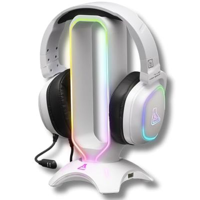 The G-Lab - K-Stand Radon - Gaming Headon-hållare - RGB-bakgrundsbelysning, USB-hubb 2 x 2.0, halkfri bas - universell hållare för PC-/PS5/Xbox/Switch - vit - 2024