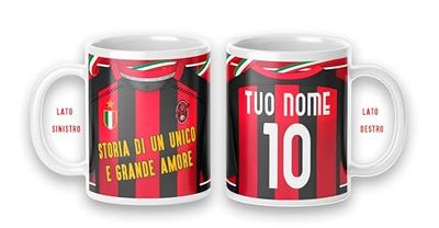 Tazza Mug colazione personalizzabile con nome numero idea Regalo x tifoso disegno maglia squadra del cuore Gadget compatibile (cuore rossonero, storia unico grande amore, love città di Milano)