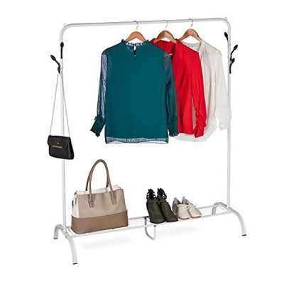 Relaxdays Coat Rack Metal, Shoe & Bag Shelf, 6 Hooks, Clothes Rail Bedroom, HWD: 145 x 132 x 44 cm, Free Standing, White, Steel