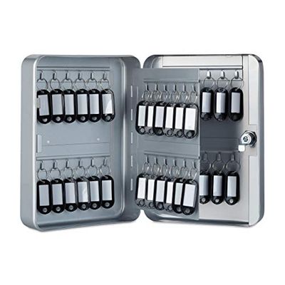 Relaxdays, 25 x 18 x 7,5 cm Caja para Llaves con Cerradura, 48 Ganchos, con llaveros, Metal, Gris, 5 cm