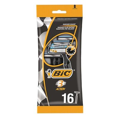 BIC 3 Action - 16 Rasoirs Jetables pour Homme à 3 Lames avec Bande Lubrifiante pour un Rasage Précis et Confortable - Lot de 4 Pochettes de 4 Rasoirs