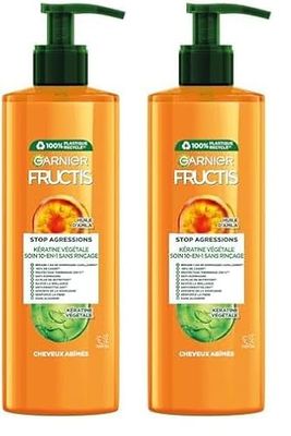 GARNIER Fructis - Soin Stop Agressions Soin 10 en 1- Enrichi à l'huile d'Amla et en Kératine - Cheveux abîmés - Sans rinçage - 400ml (Lot de 2)