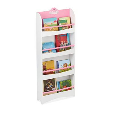 Relaxdays Librería Infantil, 124x50,5x15 cm, Estantería Libros con 4 Compartimentos, MDF, Diseño Cisnes, Blanca y Rosa, Tablero de Fibras