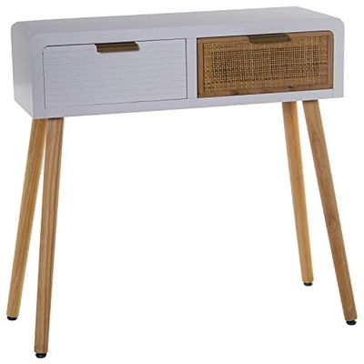 DRW Mesa de Entrada con 2 cajones de Madera DM y ratán en Blanco y Natural 80x30x78cm