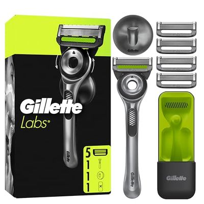 GilletteLabs Maquinilla De Afeitar Con Barra Exfoliante Integrada, 1 Mango, 5 Cuchillas De Recambio Con Banda Lubricante, 1 Estuche De Viaje, 1 Colgador De Pared