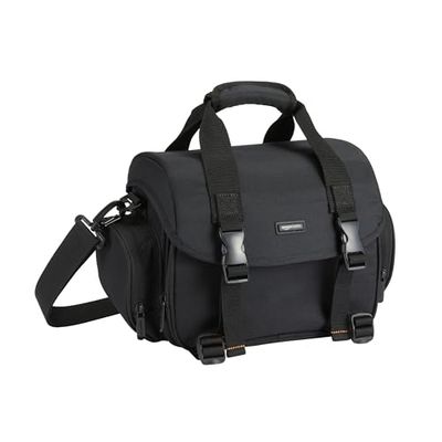Amazon Basics Borsa a Tracolla per Fotocamere SLR e Accessori, Grande, Cinghia Regolabile, Impermeabile, Antishock, Tinta unita, Imbottito - Nero/Arancione