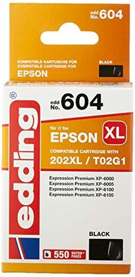 edding Cartuccia d'inchiostro EDD-604, cartuccia singola, nero, 20 ml, resa 550 pagine, sostituisce Epson 202XL (T02G1)