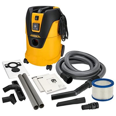 MIRKA 1025 L PC industriële stofzuiger nat en droog met uitblaasfunctie 25 liter/zuigslang / 1000 W vermogen/incl. adapter voor slijpmachines/mondstukset,530mm,Zwart, Geel