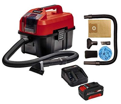 Einhell Aspirateur eaux et poussières sans fil TE-VC 18/10 Li-Solo (avec tuyau d’aspiration 2 m, buse rainures/brosse + buse universelle/tissus d’ameublement) avec Chargeur et Batterie 4,0Ah