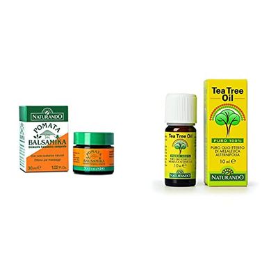 Naturando Pomata Balsamika 30 ML Lenisce i Fastidi Muscolari e i Dolori Cervicali, ideale per Massaggi & Tea Tree Oil 10 ML Puro Olio Etereo 100% di Melaleuca Alternifolia