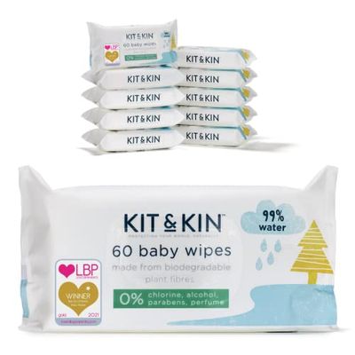 Kit & Kin Lingettes pour Bébé pour Peau Sensible, 100% Naturelles et Biodégradables (60x10-600 lingettes)