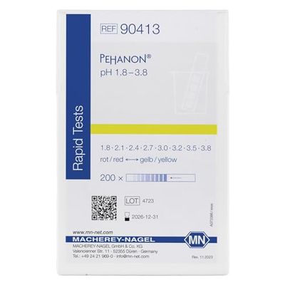 Macherey & Nagel ML-6216 PEHANON - Strisce di prova del pH per campioni tinti, pH 1,8-3,8, rosso/giallo, 100 mm di lunghezza x 11 mm di larghezza, 200 pezzi