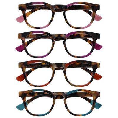 OPULIZE Ava Reading Glasses 4 Pack Flattering Rounded Frame Spring Hinges Scratch Resistant Brown Tortoiseshelll Pink Purple Red Turquoise Mens Womens RRRR62-45ZQ +3.00