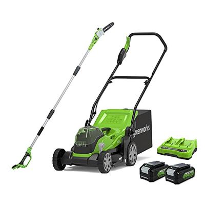 Greenworks Tondeuse à Gazon à batterie2 x 24 V Largeur de Coupe de 36 cm jusqu'à 250 m² Sac de ramassage d'herbe 40 L avec Batterie et Chargeur à Double Fente + Scie à Long Manche jusqu'à 2,8 m