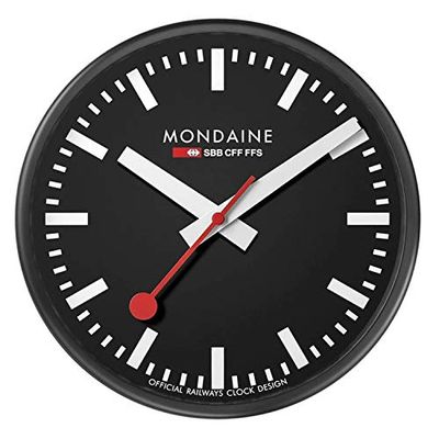 Mondaine - Wandklok 25 cm - stationsklok van aluminium met rode secondewijzer stofbestendig - Meerdere varianten - Gemaakt in Zwitserland, zwart, 25cm, Minimalistisch