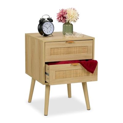 Relaxdays Bedside Table, with 2 Rattan Decorated Drawers, Wood Nightstand, Cabinet with Storage for Bedroom, Natural, Fibreboard, Aluminium, 55x40x41 cm