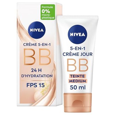 NIVEA - BB Crème 5 En 1 Teinte Médium - Crème Visage FPS 15 - Hydratation 24H - Réduit Imperfections & Signes De Fatigue - Huile De Jojoba Bio & Pigments Minéraux - Vegan - Tous Types De Peaux - 50 ml
