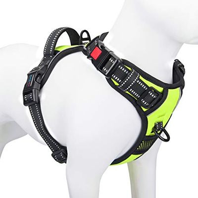 PHOEPET Pettorina riflettente per cani di taglia grande, regolabile, senza tiro, con manico, 2 anelli in metallo, 3 fibbie, facile da indossare e da togliere, (L, verde)