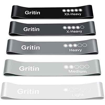 Gritin Weerstandsbanden, Huidvriendelijke Weerstand Fitness Oefenlusbanden met Vijf Verschillende Weerstandsniveaus - Inclusief Draagtas - Ideaal voor Thuis, Sportschool, Yoga, Training, 5 Pack