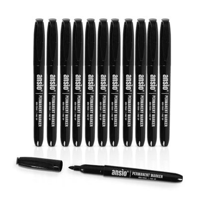 ANSIO Permanent Marker Pens Black Fine Tip Ideal for Office, Home & School, Works on Paper, Plastic, Metal, Glass: Pack of 12
