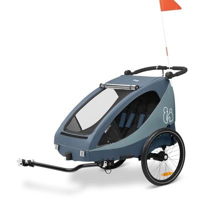 hauck Cykelkärra och barnvagn Dryk Duo Plus - Cykelkärra för barn med upphängning, 2-sits (6–48 månader), barnvagnsvagn med roder, hjul, flagga och ljus - hopfällbar, XL - blå