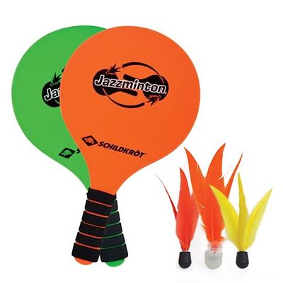 Schildkröt® Jazzmintonset, 2 rackets, 3 vogeltjes, led-bal voor het spel 's nachts, beachballset, groot plezier voor iedereen en overal