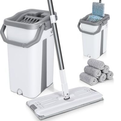 VOUNOT® Set Mocio Lavapavimenti e Secchio Strizzatore 2 Scomparti, Mop Piatto Rotante 360° con Manico in Acciaio Inox e 6 Panni Ricambio in Microfibra Pulizia Casa Legno Parquet Azzurro Marmo, Bianco