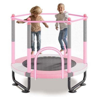 VEVOR Kindertrampoline, outdoor trampoline, mini-vrijetijdstraining, 1545 mm, voor peuters met veiligheidsnet en basketbalmand, verjaardagscadeau, kerstspeelgoed voor kinderen vanaf 3 jaar, roze