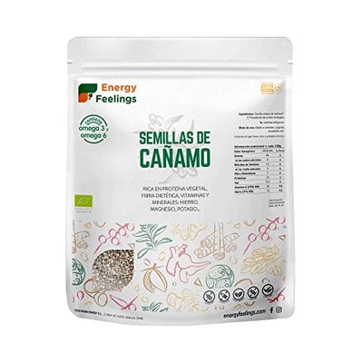 Energy Feelings Semilla de Cáñamo Ecológica - 3x1 Kg, 30% Proteína, Rico en Omega 3,6 y 9, Reduce el Colesterol, Sin Lactosa, Sin Gluten, Sin Azúcar Añadido, 3 Paquetes de 1kg