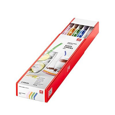 ZWILLING Sorrento Glass Straws, Sustainable and Reusable, Borosilicate Glass, for Cold and Hot Drinks, Pack of 4, Length: 23 cm, Curved Shape, Colour: Multicoloured, Includes Cleaning Brush