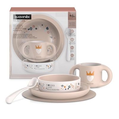 Suavinex, Louça para bebé, de aprendizagem, + 6 meses, inquebrável, louça infantil adequada para máquina de lavar louça e micro-ondas. Inclui: Caneca prato tigela toalha de mesa antiderrapante colher.
