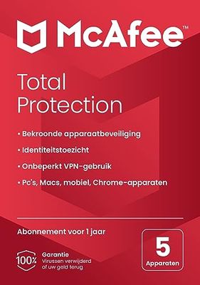 McAfee Total Protection 2024 | 5 apparaten | antivirusvirussoftware, internetbeveiliging | inclusief VPN, wachtwoordbeheer | pc/Mac/Android/iOS | 1-jarig abonnement | per post