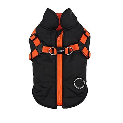 Puppia Cappotto per cani di piccola taglia e media taglia – impermeabile e foderato in pile per un piacevole calore – Cappotto per cani con pettorina, nero/arancione, M, PAPD-VT1366-BO-M