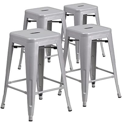 Flash Furniture Conjunto de 4 bancos de altura de bancada, grau comercial, 61 cm, sem encosto, metal, para interiores e exteriores, assento quadrado, aço galvanizado, plástico, cor prata
