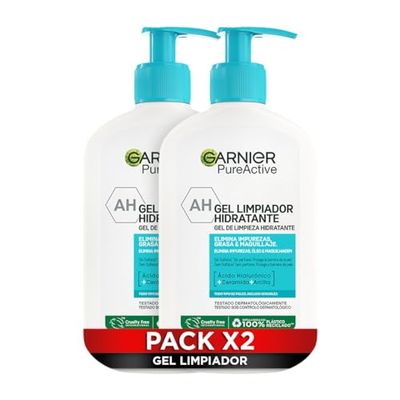 Garnier Pure Active Pack x 2 Hyaluronsyra, Ceramid och Clay Moisturizing Cleaning Gel Moisturizer, Fett och Makeup, 2 x 250 ml