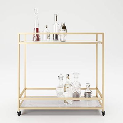 PLAYBOY Wózek do serwowania w kolorze złotym/marmurowym, z 2 półkami, złoty wózek z marmurową półką, minibar na kółkach, styl retro do salonu, jadalni, gabinetu, kuchni i salonu, mebli barowych