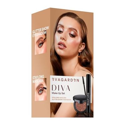 Diva Make Up Set by Evagarden for Women - 2 Pc 0.28 oz Staylong Mascara - 23, 0.08 oz Glitter Show Ey