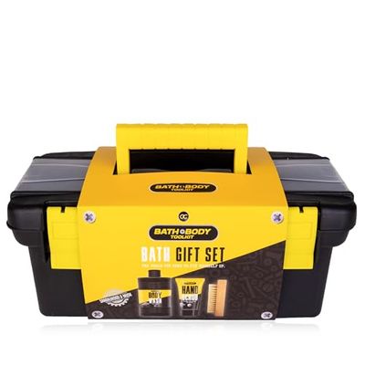 Accentra Set regalo BATH + BODY TOOLKIT per uomini, gel doccia da 400 ml, 50 ml, peeling a mano e spazzola per unghie in legno, confezionato in una fantastica valigetta degli attrezzi