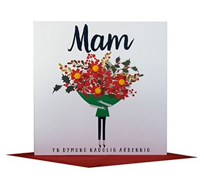 Claire Giles Greeting Cards, Welsh Happy Christmas Mum Card, Nadolig Llawen Mam, Bouquet Design Xmas Greeting Card, Embellished with Colourful Pompoms