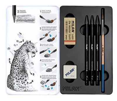 MILAN Caja metálica 3 lápices de grafito acuarelable (HB, 4B y 8B) 1 sacapuntas Afila 1 goma The Master Gum 1 pincel, 07168103C