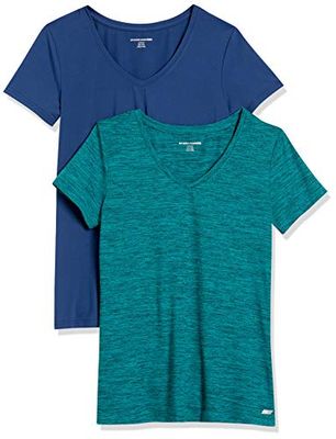 Amazon Essentials Dames Tech Stretch T-shirt met korte mouwen en V-hals (verkrijgbaar in grote maten), 2-Pack, Blauw/Blauwgroen Ruimteverf, XL