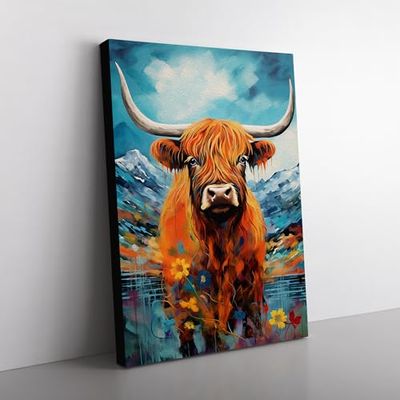 Highland Cow Dadaism Art Canvas Print for Living Room Bedroom Home Office Décor, Wall Art Picture Ready to Hang, 76x50 cm (30x20 Inch)